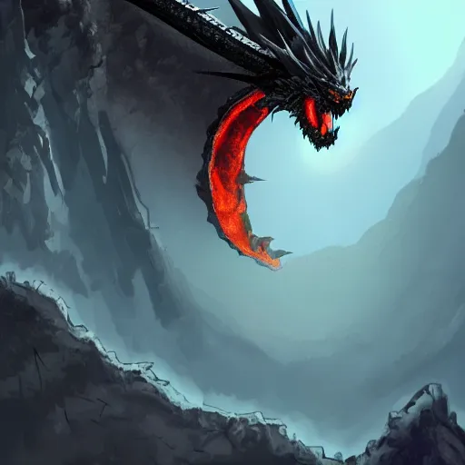 Prompt: fantasy black dragon living in huge cave, lots of details, fire breath, trending on artstation