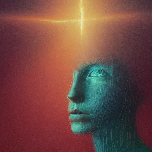 Prompt: expressive portrait of the digitally glitched soul, dramatic lighting, god rays, edges, universal background, facial expression, atmospheric lighting, motion design, by Beksinski, maze, sharp focus