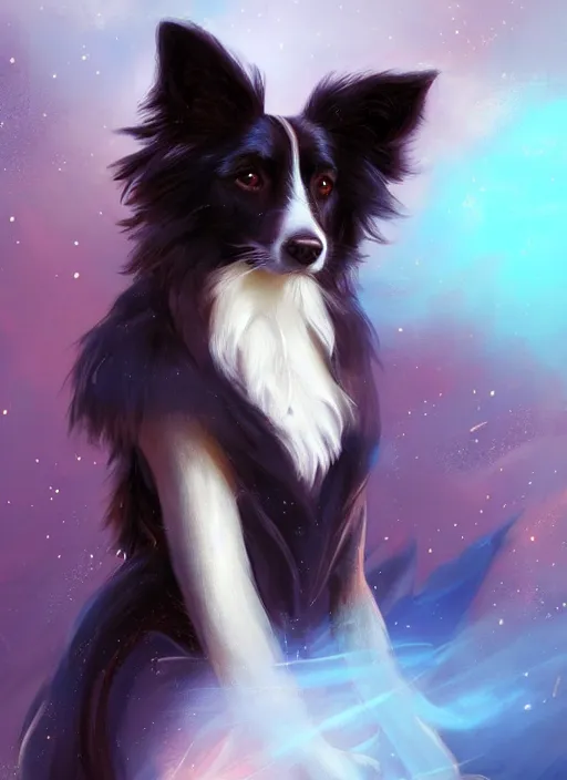 Prompt: beautiful wide angle full body portrait of a cute male anthropomorphic anthro border collie fursona wearing an evening gown in outer space, character design by charlie bowater, henry asencio, and ross tran, scenic background, detailed, glamor pose, aesthetic, furry, trending on artstation, furaffinity, deviantart