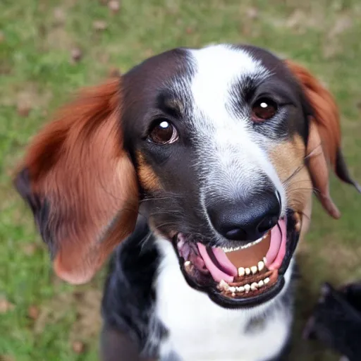 Image similar to dog with big human teeth smiling