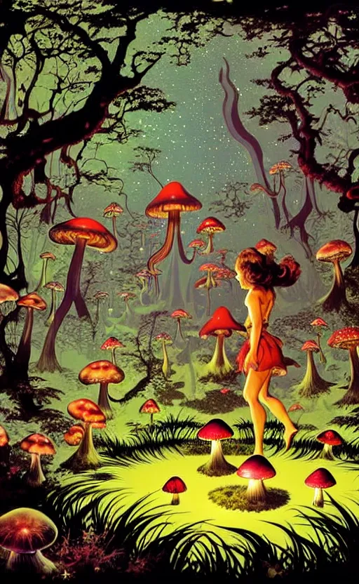 Image similar to stars in the sky, fairies with detailed faces, enchanted forest, mushrooms on the ground, psychedelic, wide angle shot, white background, vector art, illustration by frank frazetta