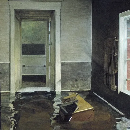 Prompt: painting of a flooded house interior, by Andrew Wyeth