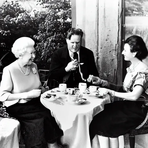 Prompt: photo of queen elizabeth having tea with a caveman