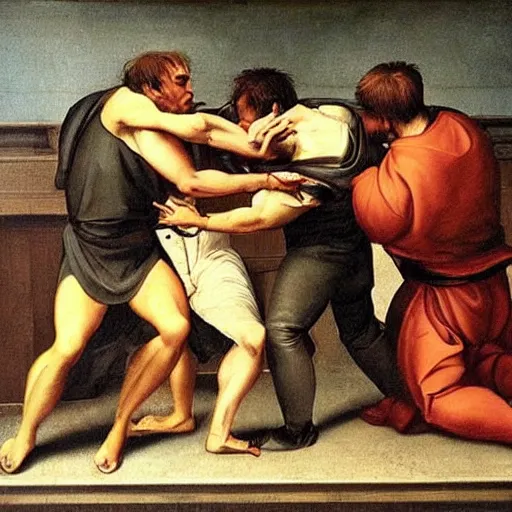 Image similar to three clones of Alex Jones fighting in a courtroom, renaissance painting