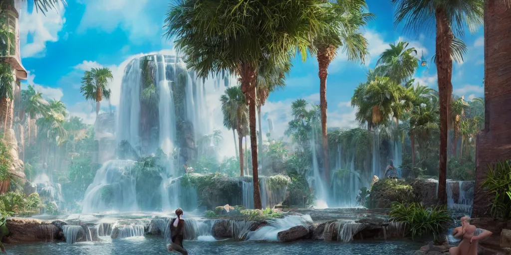 Image similar to beautiful oasis waterfalls surrounded by palm trees, moroccan tile archways, date trees, ivory towers, sun setting, ross tran, nephilim, pyroclastic flow, ethereal, fantasy, james jean, oozium, peter morbacher angelarium alchemy luxury heavenly light soft illumination, trending on artstation, cinematic lighting, digital painting, octane render, artgerm