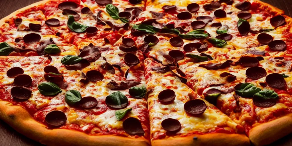 Image similar to a product picture of pizza, photographic filter, unreal engine 5, realistic, hyperdetailed, 8 k, cinematic, volumetric lighting, very realistic effect, hd, hdr, 4 k, sharp focus, octane render, ultra detailed, high resolution, trending on artstation in the style of albert dros glowing rich colors powerful imagery