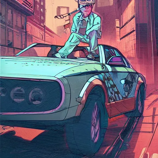 Image similar to a study of cell shaded picture of marty mcfly concept art, illustration, taxi cab, post grunge, concept art by josan gonzales and wlop, by james jean, Victo ngai, David Rubín, Mike Mignola, Laurie Greasley, highly detailed, sharp focus, alien, Trending on Artstation, HQ, deviantart, art by artgem