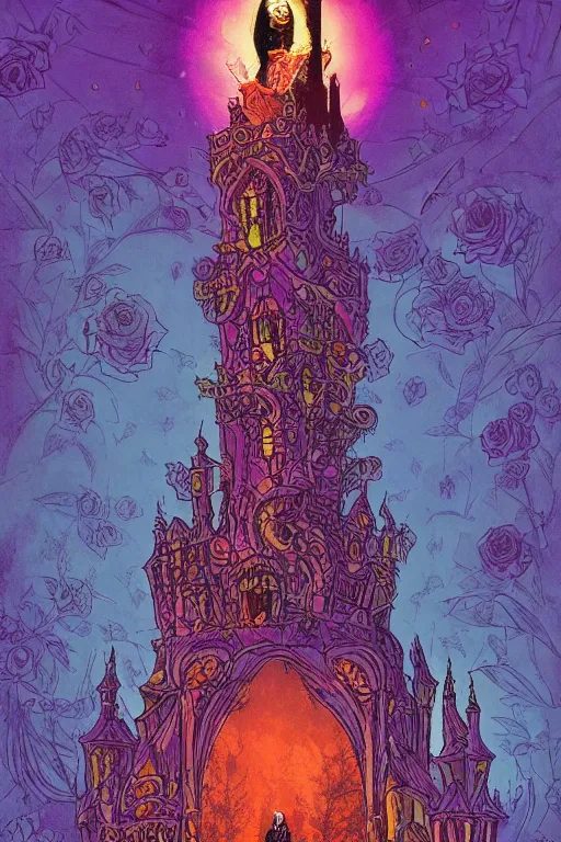 Image similar to Psychedelic black light style, nostalgia of a fairytale, elegant fairytale tower covered in roses, full body portrait of medieval princess, cottagecore, Exquisite, dramatic lighting, by Marc Simonetti, Mike Mignola