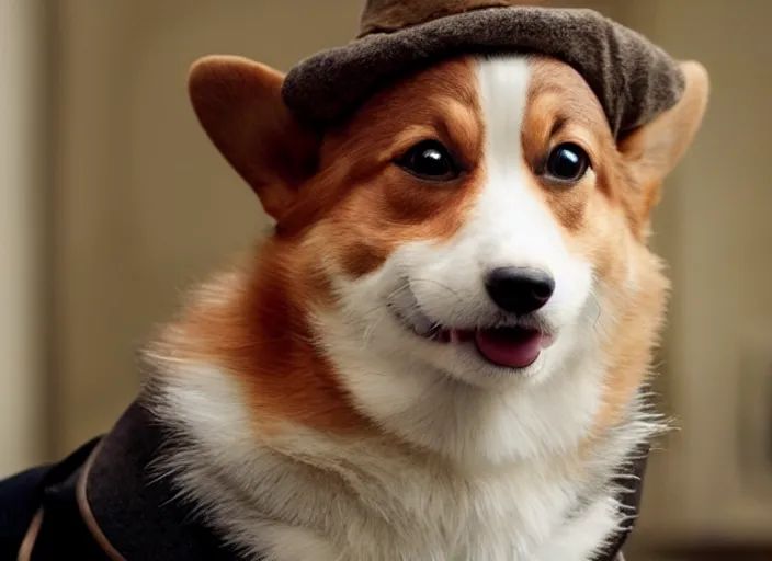 Image similar to film still if a cute corgi as sherlock holmes in the new sherlock holmes movie, 8 k