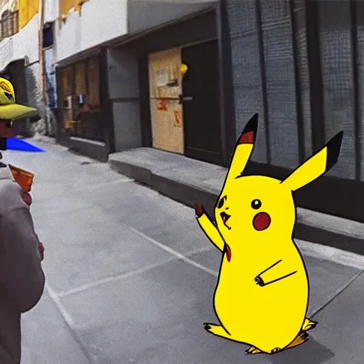 Image similar to CCTV footage of pikachu buying drugs from a random dude in a hoodie in an alley