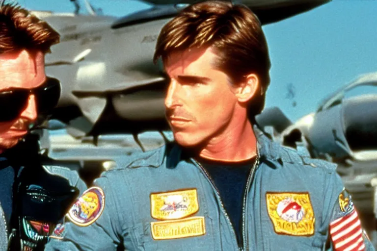 Image similar to film still of Christian Bale as Maverick in Top Gun 1986