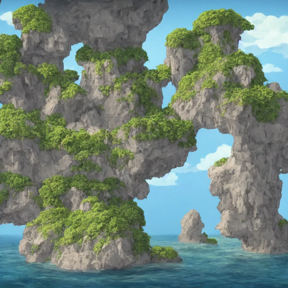 Image similar to an island floating in the air, the island is rocky and bare with some vegetation, waterfalls left from the island flowing into the sea, highly detailed, animated, lovely, dreamy, morandi colour scheme, strong light and shadow atmosphere, painted by ghibli