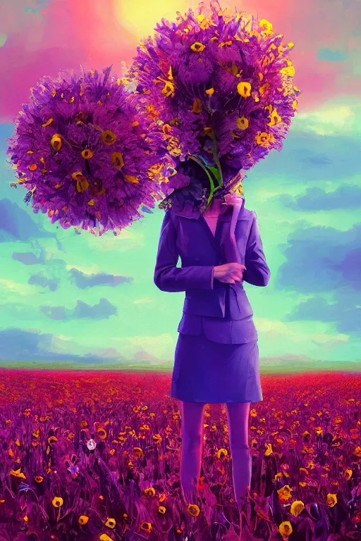 Image similar to closeup, giant flower head, girl in suit standing in a field of flowers, surreal photography, sunrise, blue sky, dramatic light, impressionist painting, digital painting, artstation, simon stalenhag