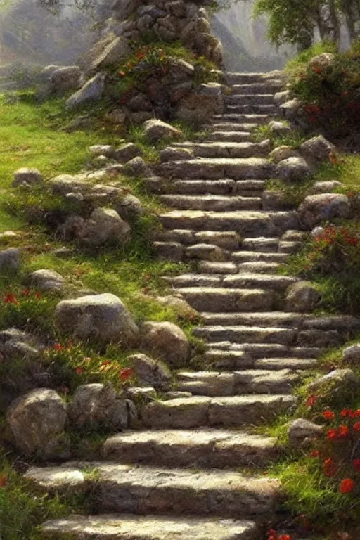 Image similar to stone steps fantasy landscape artstation by james gurney