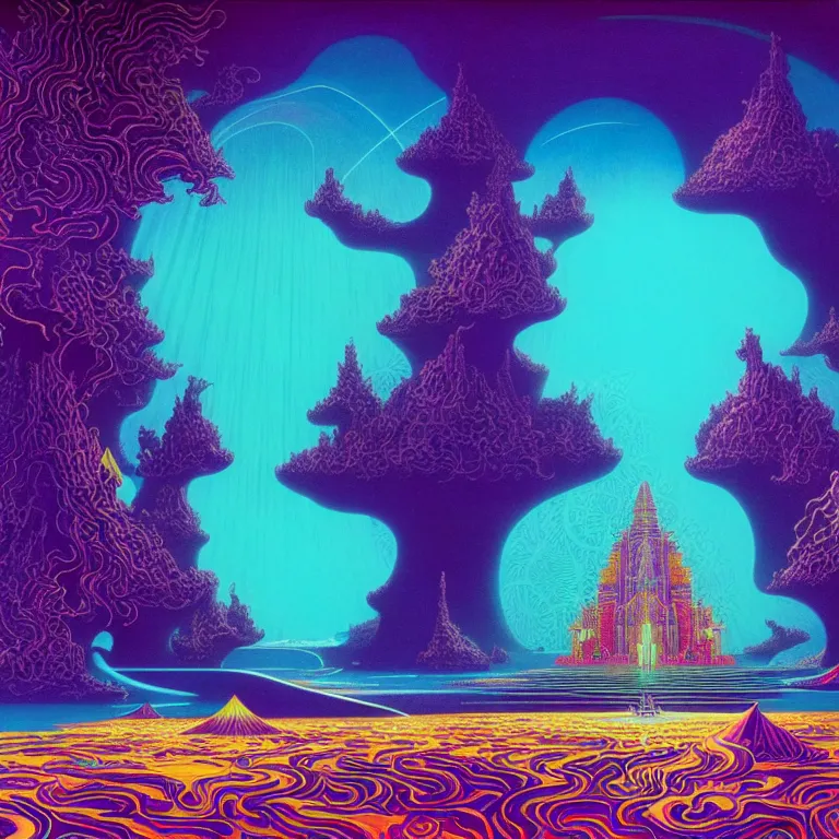 Image similar to mysterious diamond temple overlooking haunted seething ocean, infinite crashing waves, astronomical synthwave, bright neon psychedelic colors, highly detailed, cinematic, eyvind earle, tim white, philippe druillet, roger dean, ernst haeckel, lisa frank, aubrey beardsley, kubrick, kimura, isono