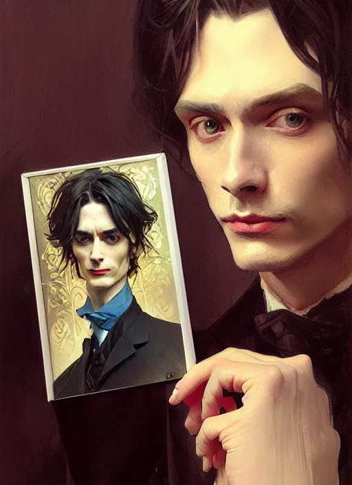 Prompt: a painter holding a portrait painting of dorian gray, digital painting, artstation, concept art, smooth, sharp focus, illustration, art by artgerm and greg rutkowski and alphonse mucha