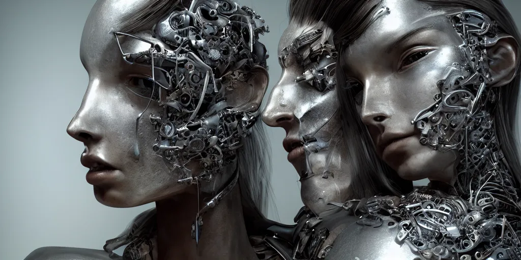Image similar to hyperrealistic photography of a stunningly cyborg female, intimate, holding hands, kissing, chrome. in the style of beth cavener, jin kagetsu,, and wlop, highly detailed, intricate filigree, chrome face symmetry, masterpiece, award - winning, sharp focus, concept art, high key, ambient lighting, 8 k, octane render, artstation