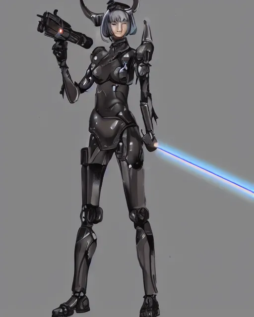 Prompt: sci fi humanoid catgirl with horns instead of ears holding a laser rifle, futuristic, photorealistic concept art