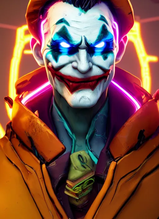 Image similar to glowwave portrait of joker from borderlands 3, heri irawan, hyper detailed, digital art, trending in artstation, cinematic lighting, studio quality, smooth render, unreal engine 5 rendered, octane rendered, art style by klimt and nixeu and ian sprigger and wlop and krenz cushart.