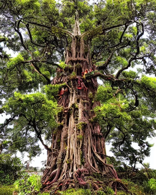 Image similar to a surreal yet plausible iphone photo of an ancient tall tree with multiple kinds of hybrid fruits and vegetables growing from it, SCP-777 the ultimate chimera tree of cornucopia, CGSociety, by James Gurney