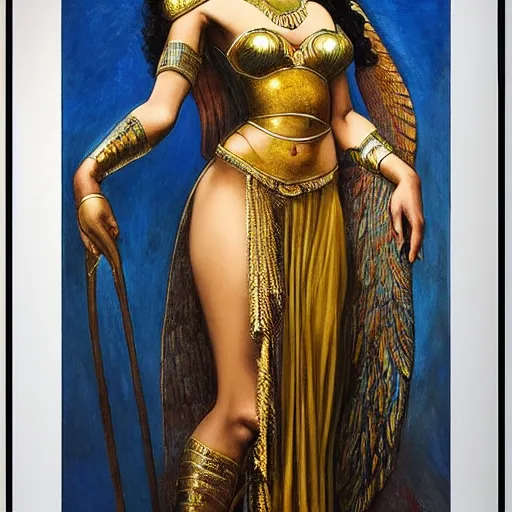 Image similar to Full body oil painting of the beautiful goddess Gal Gadot as Cleopatra, she is wearing egyptian clothes and a surreal jewelry, her hair is natural disheveled, she is approaching heaven over the clouds, Anubis is close to her, naturalism, dramatic lighting, high-detailed oil painting by Ilya Repin, Michelangelo da Caravaggio, William Blake, Alex Grey and Beksinski, trending on Artsation, hystorical painting, naturalism, masterpiece, 4k, 8k,