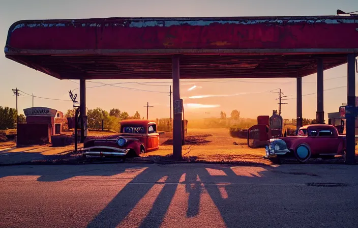 Image similar to a sunset light landscape with historical route 6 6, lots of sparkling details and sun ray ’ s, blinding backlight, smoke, volumetric lighting, colorful, octane, 3 5 mm, abandoned gas station, old rusty pickup - truck, beautiful epic colored reflections, very colorful heavenly, softlight