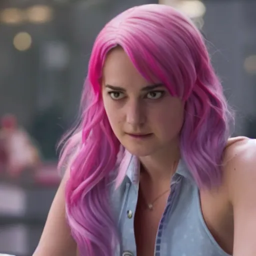 Image similar to A still of Shailene Woodley as Gwenpool in Deadpool 3 (2023), blonde hair with pink highlights, no mask