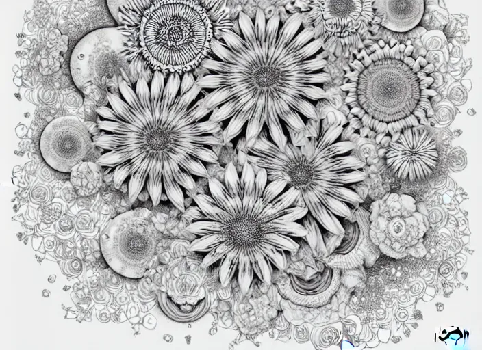 Prompt: surreal line art by naranbaatar ganbold, a drawing of a bunch of flowers on a white background, a digital rendering by earnst haeckel, behance contest winner, generative art, digital illustration, made of flowers, behance hd, top view