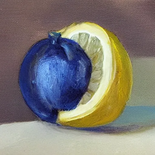 Prompt: a blue lemon on a table