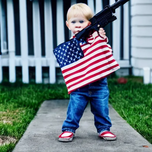 Prompt: toddler holding an assault rifle with the american flag in the background