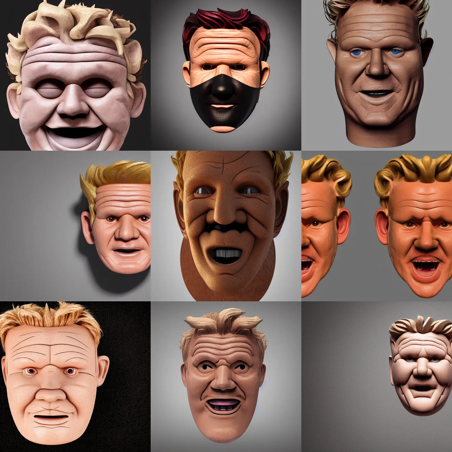 Prompt: A wearable wooden mask of Gordon Ramsay\'s face, 3D render, studio lighting