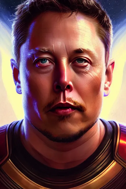 Image similar to elon musk as thor, realistic portrait, symmetrical, highly detailed, digital painting, artstation, concept art, smooth, sharp focus, illustration, cinematic lighting, art by artgerm and greg rutkowski and alphonse mucha