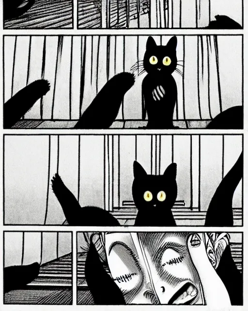 Prompt: three panels from junji ito's 'story of a black cat', full width, action shot, first person, manga