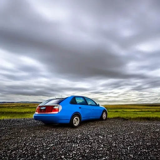 Image similar to a wide angle HDR photograph of a blue car in a field in Iceland, shot from low angle