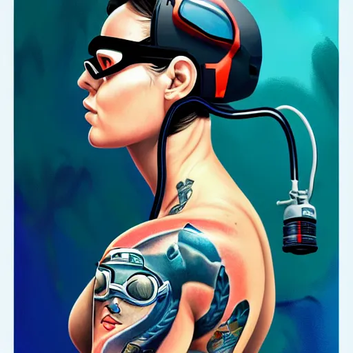 Image similar to a profile photo of a diver with diving helmet with tattoos on arm and neck, side profile in underwater, highly detailed, digital painting, artstation, sharp focus, illustration by Sandra Chevrier