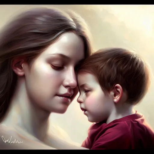 Image similar to love is patient love is kind, mother and child ; photorealistic oil painting by charlie bowater and mark blooms ; highly detailed cute faces by wlop ; trending on artstation