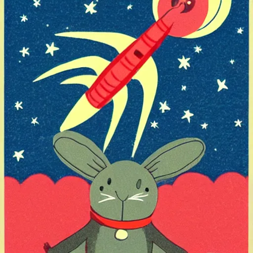 Prompt: kamikaze rabbit riding a rocket above earth in the style of merry melodies