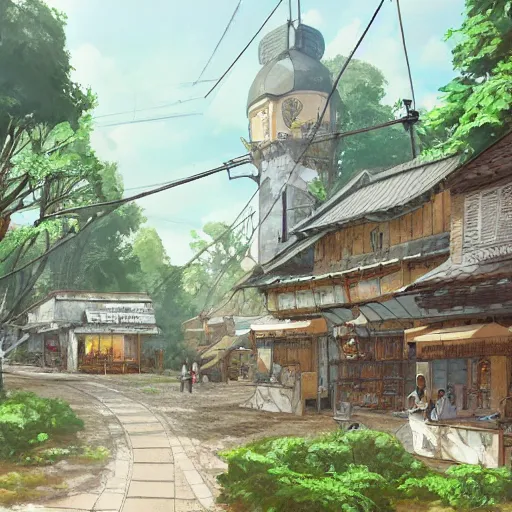 Image similar to concept art painting of a historic bakery with european and japanese architecture, in a woodland village surrounded by trees, realistic, detailed, cel shaded, in the style of makoto shinkai and greg rutkowski and james gurney