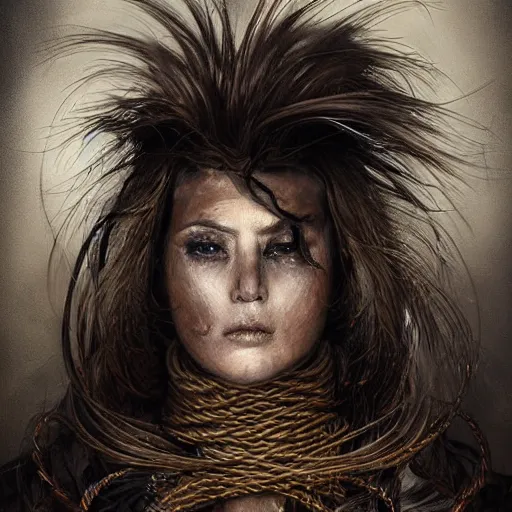 Image similar to portrait of a Shibari rope wrapped face and neck, headshot, insanely nice professional hair style, dramatic hair color, digital painting, of a old 15th century, roman soilder, amber jewels, baroque, ornate clothing, scifi, realistic, hyperdetailed, chiaroscuro, concept art, art by Franz Hals and Jon Foster and Ayami Kojima and Amano and Karol Bak,