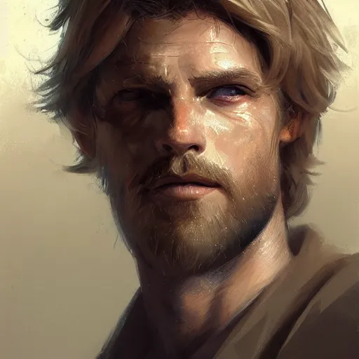 Image similar to portrait of a man by greg rutkowski, cade skywalker, messy blond hair, beard, tall and muscular, star wars expanded universe, he is about 3 0 years old, wearing a flying jacket, highly detailed portrait, digital painting, artstation, concept art, smooth, sharp foccus ilustration, artstation hq