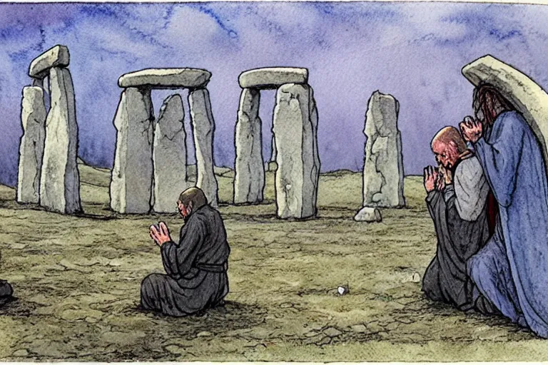 Image similar to a realistic and atmospheric watercolour fantasy concept art of a ufo landing in a tiny stonehenge. one dirty medieval monk in grey robes is on his knees praying to the ufo. muted colors. by rebecca guay, michael kaluta, charles vess and jean moebius giraud