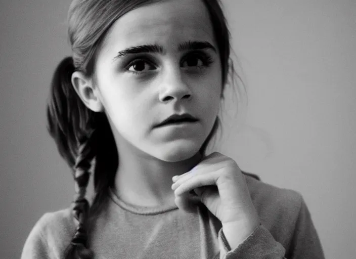Prompt: professional fine detailed photo portrait of young emma watson from makhachkala, dagestan. kid emma watson in the postsoviet suburbia, iphone photo, instagram, black and white - - cfg _ scale 7