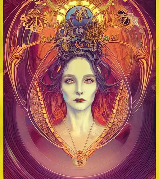 Prompt: art nouveau portrait of the powerful queen of the solar system in the style of anna dittmann and in the style of wayne barlowe. glowing, ornate and intricate, stunning, dynamic lighting, intricate and detailed.