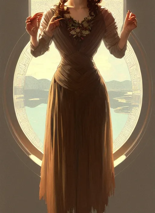 Image similar to symmetrical, full body portrait of a woman with short wavy hair, round face, cottagecore!!, lake, intricate, elegant, highly detailed, digital painting, artstation, concept art, smooth, sharp focus, illustration, art by artgerm and greg rutkowski and alphonse mucha