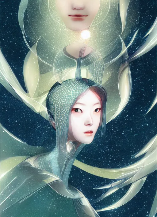 Prompt: Portrait Japanese Ai Uehara Celestial, captivating, attractive, rule of thirds, as a holographic pearlescent figure, elegant, octane render, sharp focus, art style from Moebius and James Jean