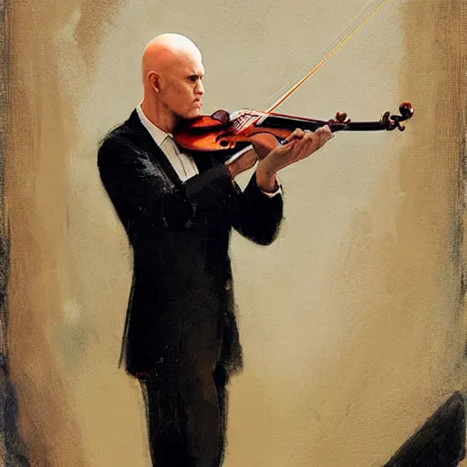 Image similar to agent 4 7 from hitman playing a violin, by gregory manchess, james gurney, james jean