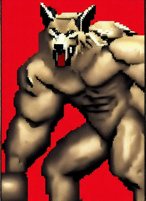 Image similar to extreme long shot. 8 bit nes graphics. antropomorphic muscular masculine wolf. kickboxer fighter, in shorts. wolf head. furr on body. like game contra.