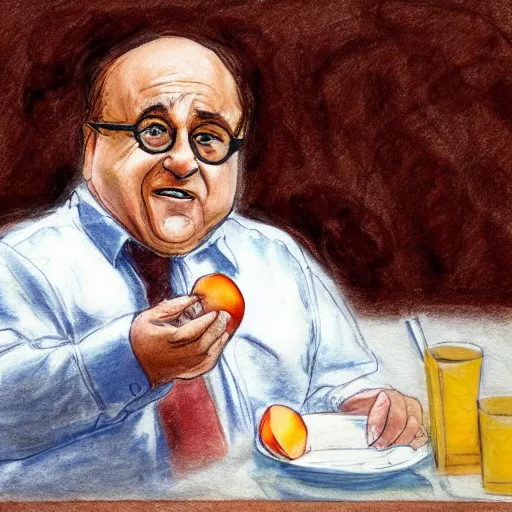 Image similar to courtroom sketch of danny devito eating a peach, high quality, high resolution