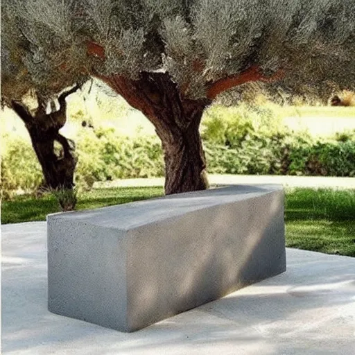 Image similar to creative concrete benches, colorful, olive trees