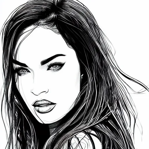 Image similar to “Megan Fox, portrait!!! Portrait based on doodles, scribbled lines, sketch by Liz Y Ahmet, monochrome, concept Art, million lines, white background, ultra detailed portrait, 4k resolution”